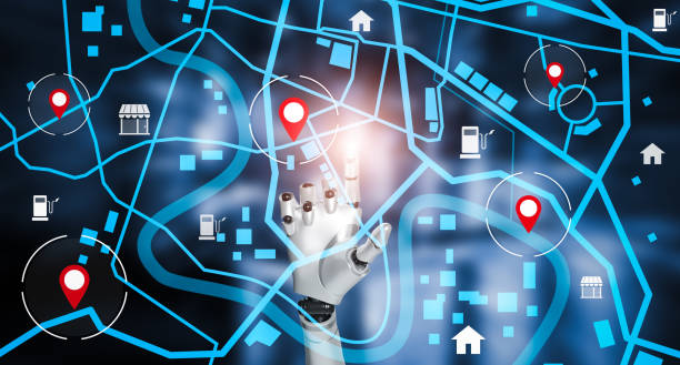Hand AI robot humanoids touch model maps location points, GPS apps, icons Travel maps and find places in the online system, graphics are generated, Searching for travel and place on world maps. stock photo