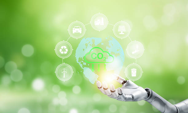 istock 3D rendering robots with recycle symbols with virtual modern reduce CO2 emission concept with icons, global warming emissions carbon footprint climate change to limit global warming, energy 1483357229