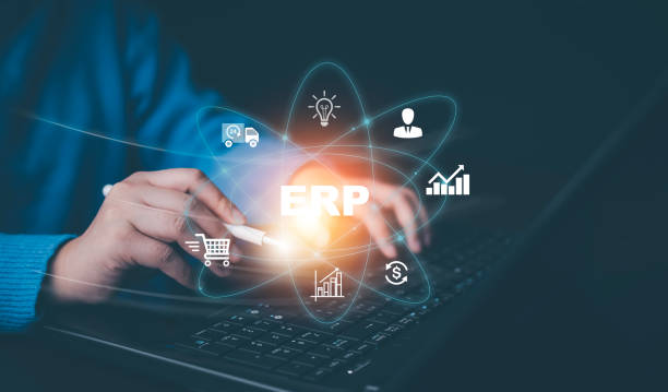 istock Business people using a laptop with document management for ERP. Enterprise resource planning concept,Enterprise Resource Management ERP software system for business resources plan presented. 1483357330