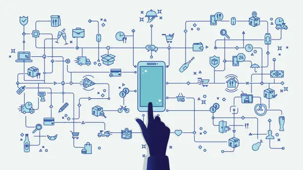 Vector illustration of Food delivery application with connected web of food and delivery icons