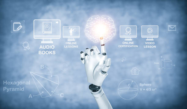 AI robots use a hand touch system for learning education, Online Education icon on a virtual screen. internet lessons online webinars, online lessons on a digital screen.Education Internet Technology. los robots de ia utilizan un sistema táctil de mano para aprender educación, el icono de educación en línea en una pantalla virtual. seminarios web en línea de lecciones de internet, lecciones en línea en una pantalla digital. educación tecnología