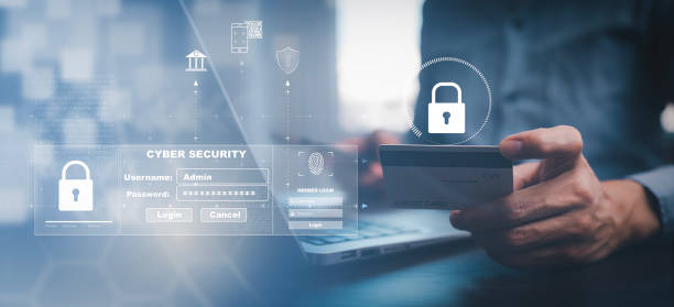 Cyber security with credit card security password login online concept  Hands typing and entering a username and password of social media, logging in with a smartphone online bank account, data hacker stock photo