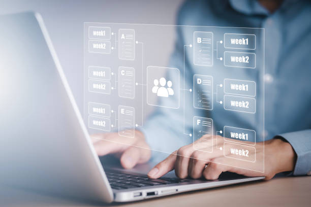 istock Working on laptops with Planning analysis and Project management online, Business people working laptops with the Project manager, software development or project management, boards on screen. Process 1483359555