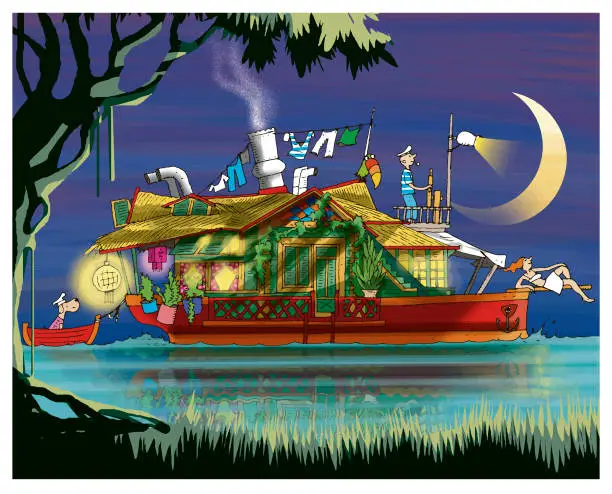 Vector illustration of lovers cruising on a riverboat