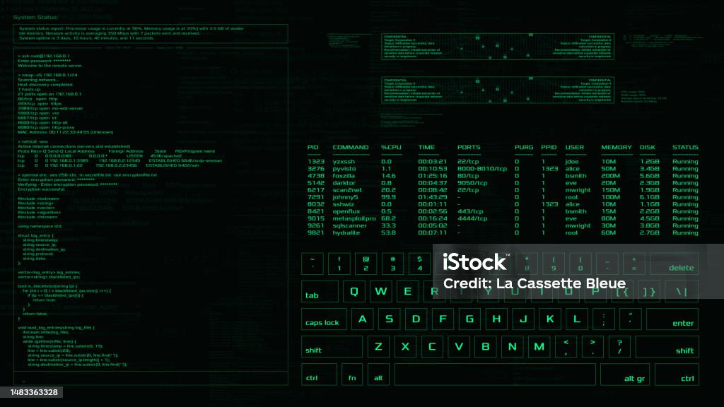 Green Hacker Interface Screen Code Window With Keyboard And High Tech ...