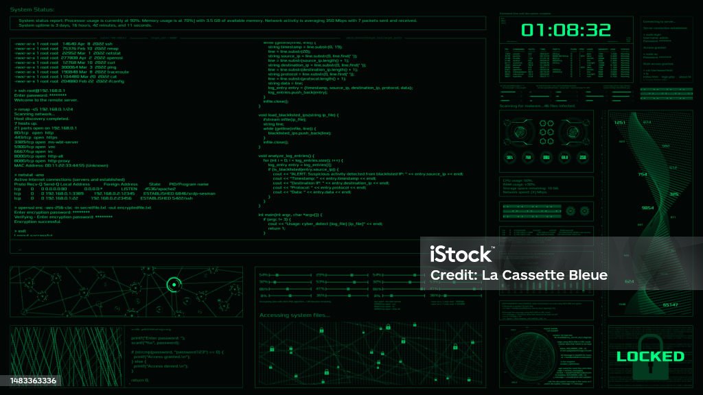Green Hacker Interface Screen Code Window With Timer And High Tech Ui ...