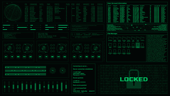 Green hacker interface screen. High tech UI. Vector HUD.