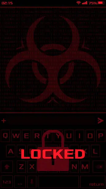 Vector illustration of Hacker phone screen with keyboard and virus symbol background. Hacker phone vector GUI with copy space.