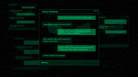 Hacker window chat conversation interface. Vector HUD.