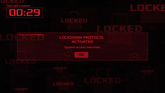 Lockdown protocol pop up. Hacker and cyber crime UI. Vector interface.