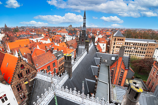 Bruges, Belgium rooftop skyline.