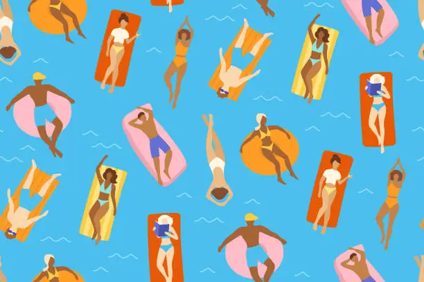 Vector illustration of People swimming ocean summer seamless pattern women men sunbathing relaxing in water sea pool print