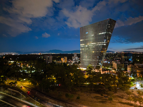 Office buildings along Periférico Boulevard in Mexico City’s financial district at sunset