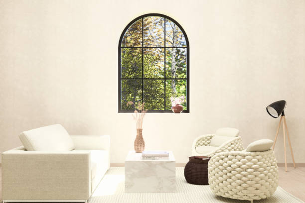 istock Japandi style living room with window overlooking autumn foliage - 3D interior rendering 1483374227