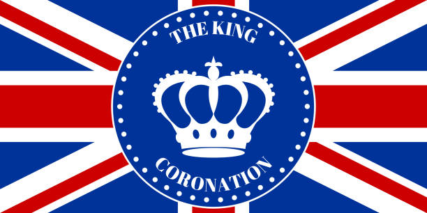 ilustrações de stock, clip art, desenhos animados e ícones de badge with an outline of the crown on the background of the british flag. background in honor of the coronation of the king. white, red, blue colors.vector illustration. - red crowned