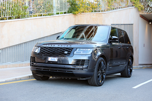 Monte-Carlo, Monaco - April 16, 2023: A sleek black Range Rover parked on a street in Monte-Carlo, Monaco, captured from a front three-quarter angle