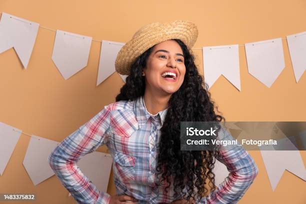 Happy Afro Brazilian Woman To Festa Junina Party In Brazil In Studio Shot Portrait Real People Concept Stock Photo - Download Image Now