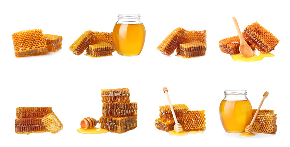 Set with tasty natural honey on white background. Banner design