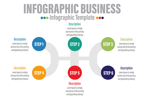 llustration, media, social content, technology, video, icons Infographic design template. Creative concept with Six 6 steps