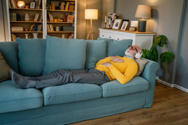 istock Mature senior man practice guided meditation manifestation at home 1483380446
