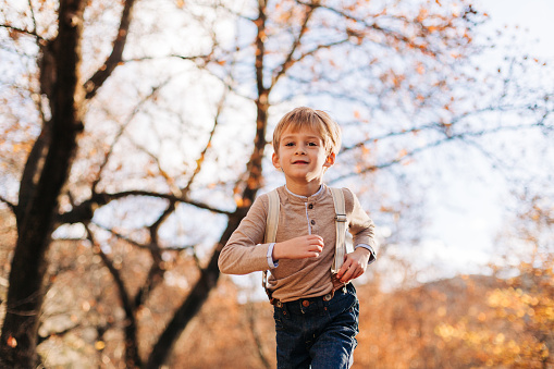 Cheerful boy running and having fun in autumn forest