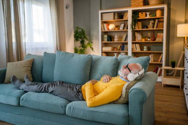 istock Mature senior man practice guided meditation manifestation at home 1483380754