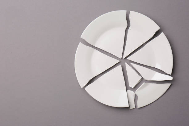 istock Pieces of broken white ceramic plate on grey background, top view. Space for text 1483390117