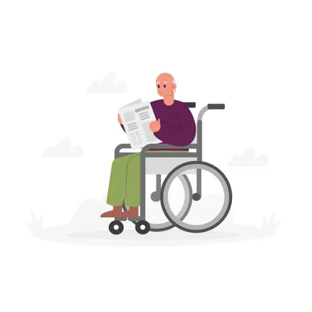 Vector illustration of Cartoon character of elderly man in wheelchair reading newspaper