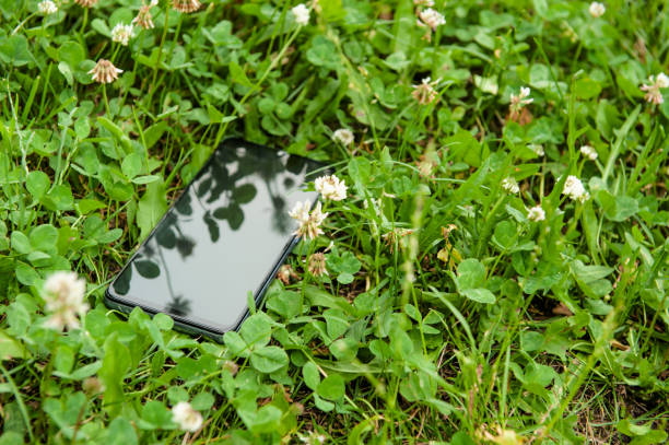 Smartphone on green grass outdoors, space for text. Lost and found