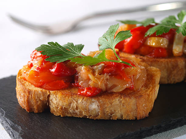 Montadito de Esgarraet – Red pepper & cod on Bread stock photo