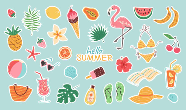 Set of summer stickers. Icons for tropical vacation. Seasonal elements collection. Flamingos, ice cream, pineapple, tropic leaves, cocktails, plumeria, watermelon, beach accessories. Set of summer stickers. Icons for tropical vacation. Seasonal elements collection. Flamingos, ice cream, pineapple, tropic leaves, cocktails, plumeria, watermelon, beach accessories. holiday and seasonal icons stock illustrations