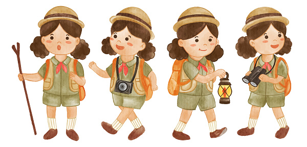 Collection of Girl scout with hiking suit . Realistic watercolor paint with paper textured . Cartoon character design . Vector .