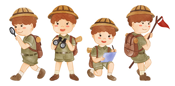 Collection of Boy scout with hiking suit . Realistic watercolor paint with paper textured . Cartoon character design . Vector .