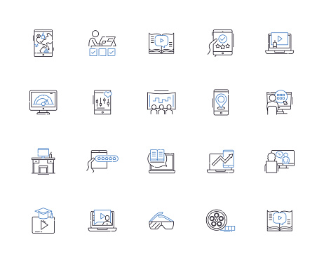 Multimedia line icons collection. Audio, Video, Graphics, Animation, Image, Text, Interaction vector and linear illustration. Communication,Storage,Authoring outline signs set