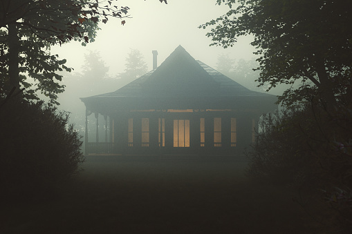 Spooky old rural house in the woods. 3D generated image.