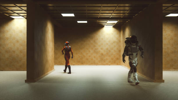 istock Abstract image of astronauts walking in old derelict offices 1483408740