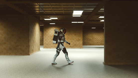 Abstract image of astronaut walking in old derelict offices. 3D generated image.
