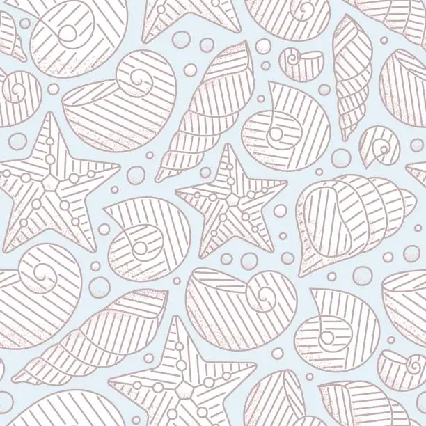 Vector illustration of Line vector seamless pattern of line with seashells, seastars. Sea background for textile, package.