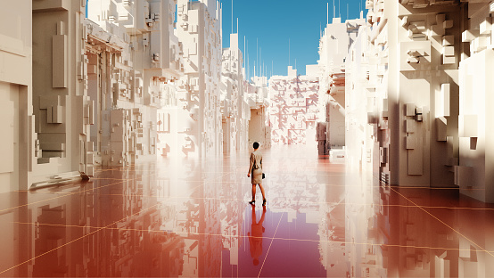 Businesswoman walking in futuristic city street. 3D generated image.