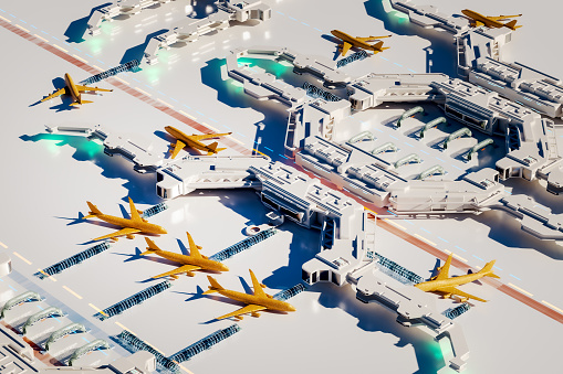 Futuristic airport from above. 3D generated image.