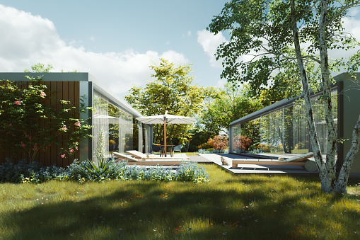 Modern house with lush garden. 3D generated image.