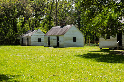 Charleston, South Carolina, USA - April 10, 2023: Slave Cabins at the historic Magnolia Plantation in Charleston, South Carolina.