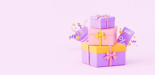 3d pile gifts with coupon and party popper. online winning or getting a certificate, discounts, a birthday bonus. 3d rendering illustration. - sale stok fotoğraflar ve resimler