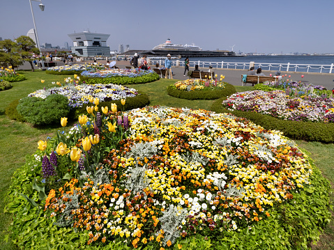 Yamashita Park and Yokohama Port in Yokohama. Taken in Yokohama City, Kanagawa Prefecture in April 2023.