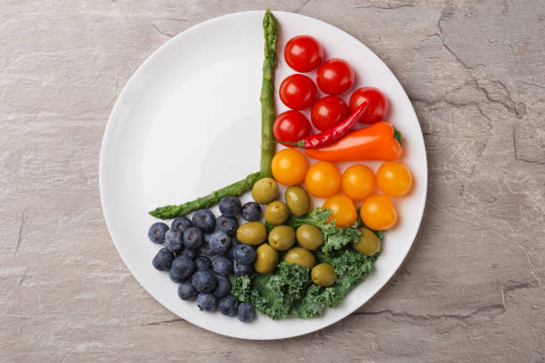 istock Interval fasting diet concept represented with a plate and products on dark stone table. Organic meal. Weight loss concept. Healthy eating. 1483413108