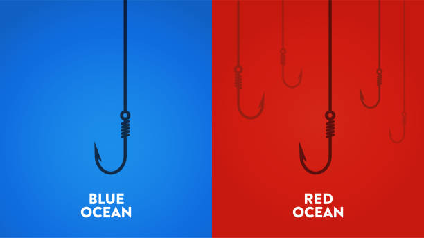istock The chart has boats in the colored sea. The Blue Ocean Strategy concept presentation is a vector infographic element of marketing. The red has bloody mass competition and the blue is a niche market. 1483413988