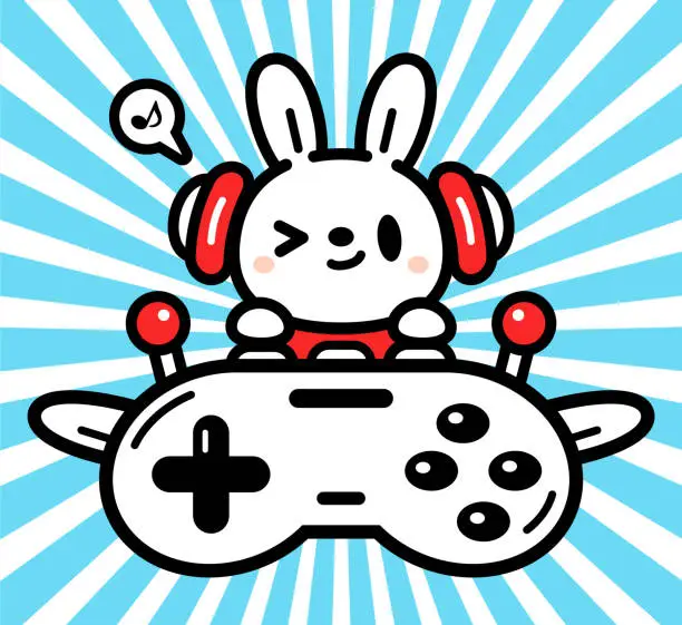 Vector illustration of Cute character design of a bunny wearing headphones and flying a plane made out of a game controller