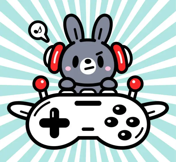 Vector illustration of Cute character design of a bunny wearing headphones and flying a plane made out of a game controller