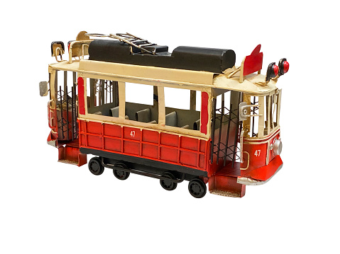 Toy retro tram train with clipping path on white background