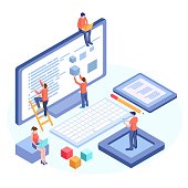 istock Engineer team at project development, template for developer. Coding develop, programmer at computer or workstation for business. Concept with character, flat isometric vector illustration 1483420307